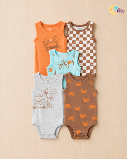 🌴 Original Carter’s Baby Boy 5-Pack Sleeveless Bodysuits – Palm Trees & Crabs