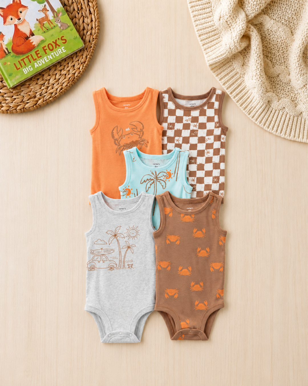 🌴 Original Carter's Baby Boy Sleeveless Bodysuits – Beach Vibe Safari (5-Pack)