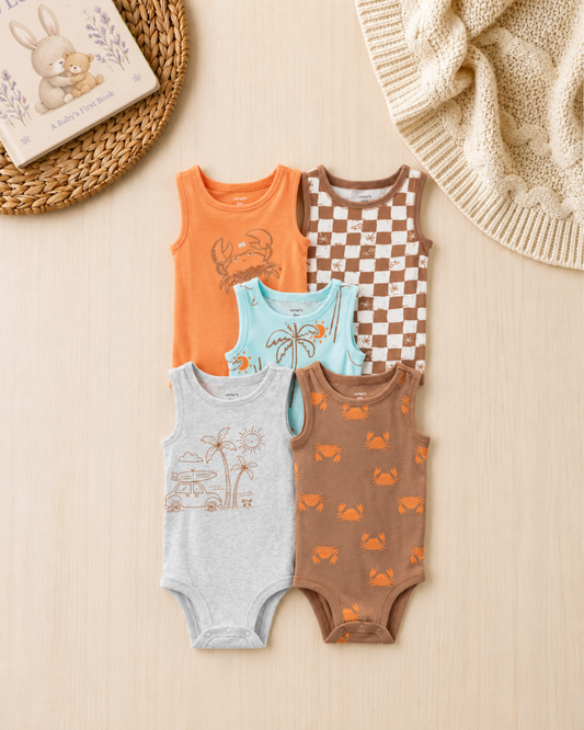 🌴Original Carter’s Baby Boy Sleeveless Bodysuits – Beach Vibe Safari (5-Pack)