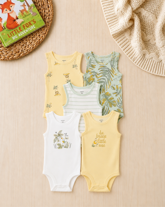 🦁 Carter’s Original Baby Boy Sleeveless Bodysuits – Jungle Safari (5-Pack)