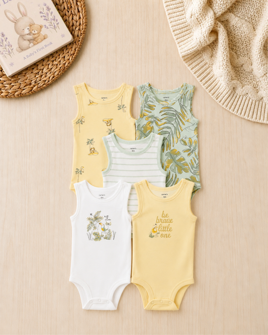 🦁Original Carter’s Baby Boy Sleeveless Bodysuits – Jungle Safari (5-Pack)