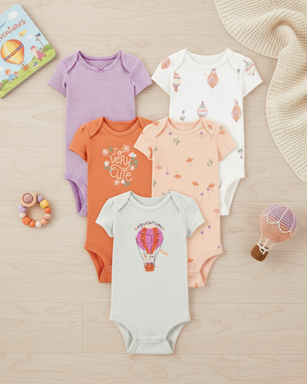 🌸 Carter’s Original Baby Girl Short-Sleeve Bodysuits – Pastel Florals (5-Pack)