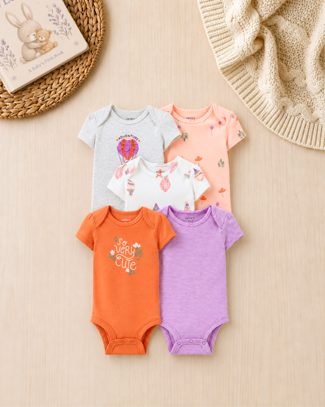 🌸Original Carter's Baby Girl Short-Sleeve Bodysuits – Pastel Florals (5-Pack)
