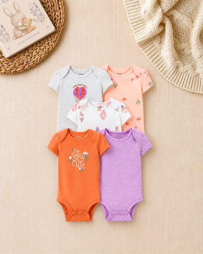 🌸Original Carter's Baby Girl Short-Sleeve Bodysuits – Pastel Florals (5-Pack)