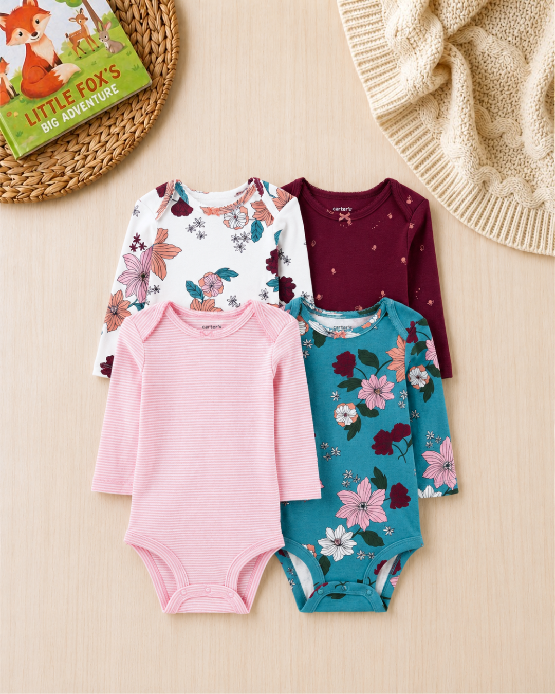 🌸 Carter's Original Baby Girl Long-Sleeve Bodysuits – Floral & Stripes (4-Pack)