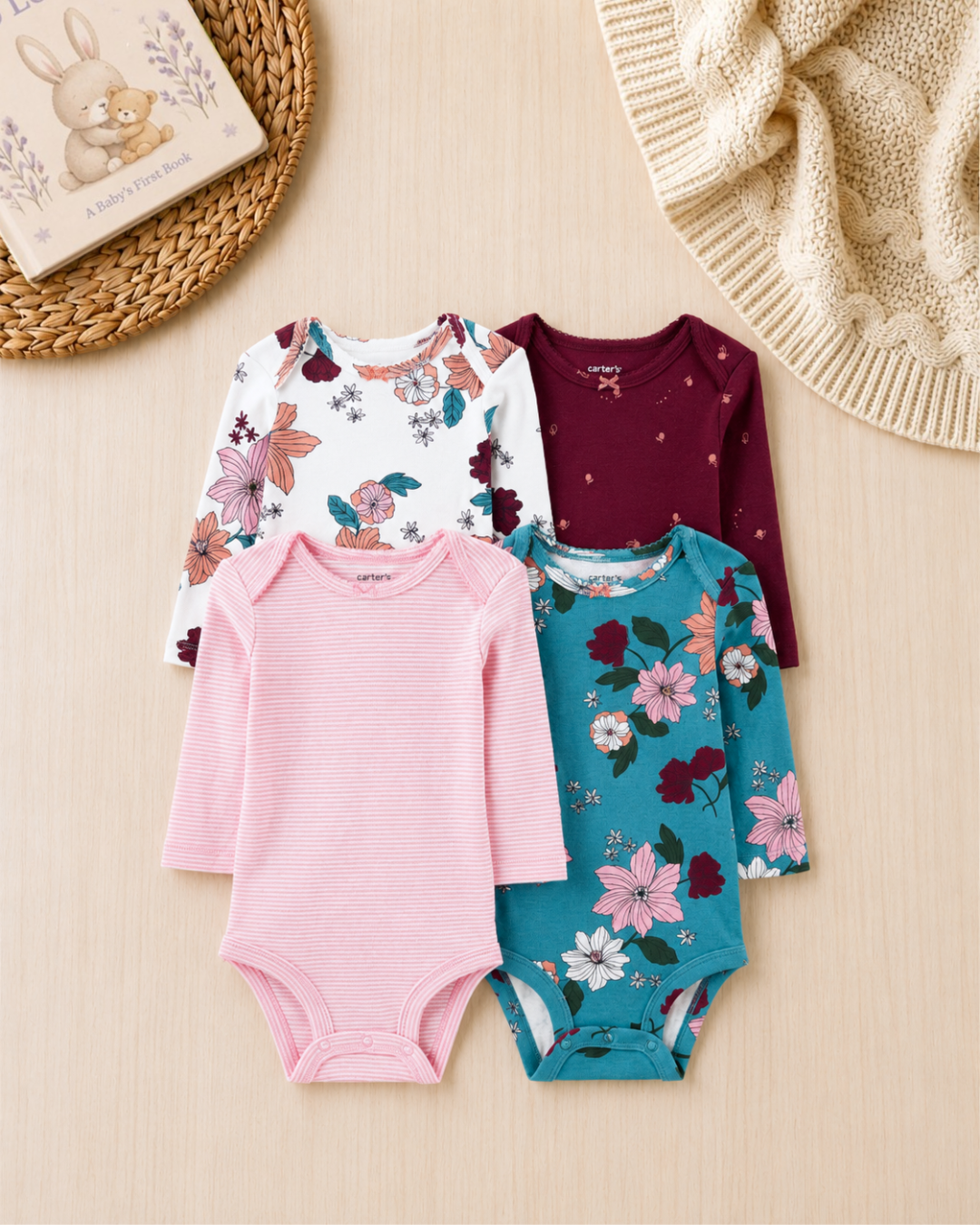 🌸Original Carter's Baby Girl Long-Sleeve Bodysuits – Floral & Stripes (4-Pack)