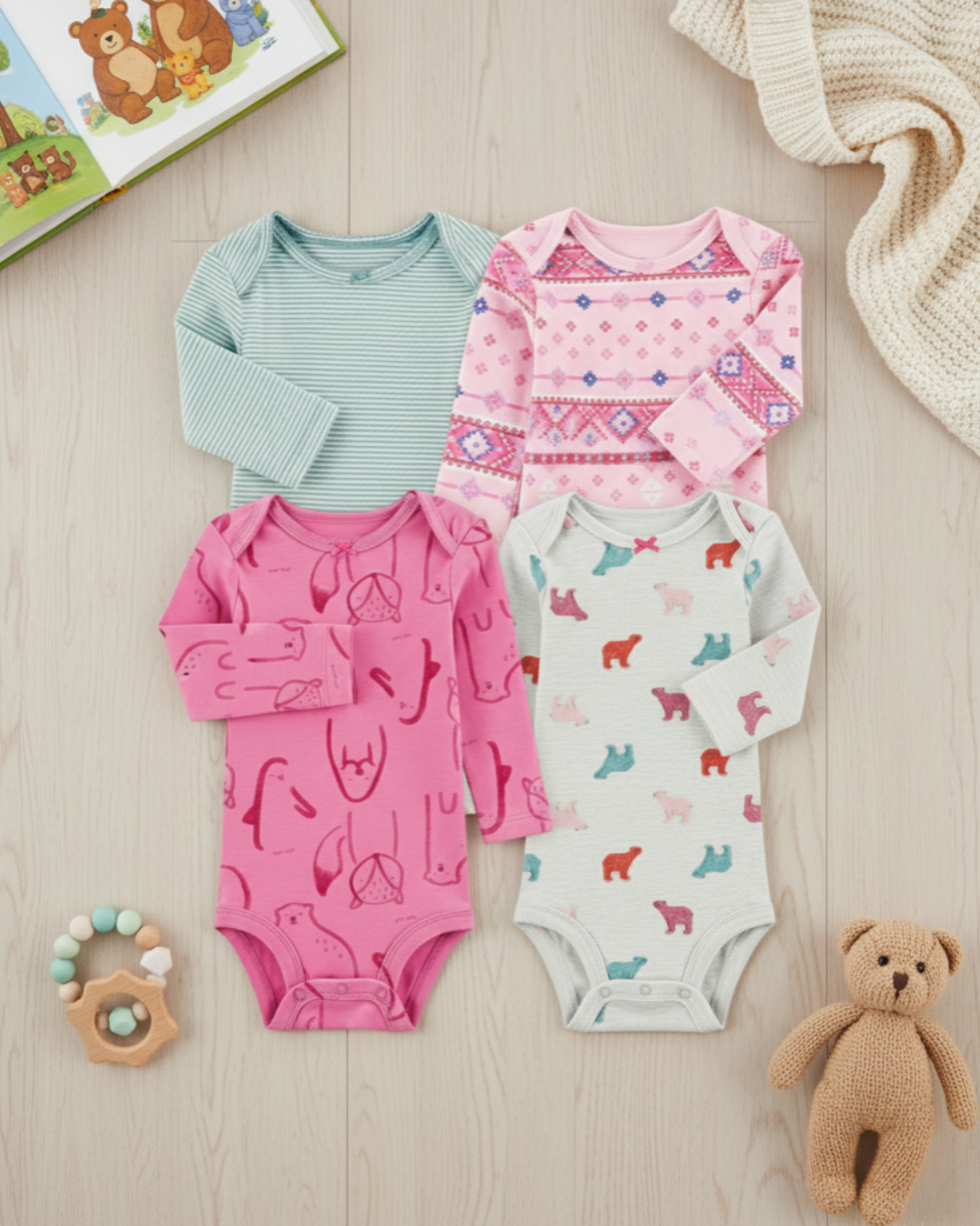 ❄️ Carter’s Original Baby Girl Long-Sleeve Bodysuits – Fair Isle & Soft Prints (4-Pack)