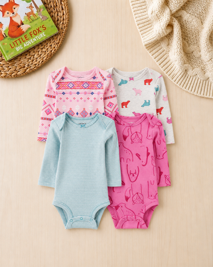 ❄️ Carter's Original Baby Girl Long-Sleeve Bodysuits – Fair Isle & Soft Prints (4-Pack)