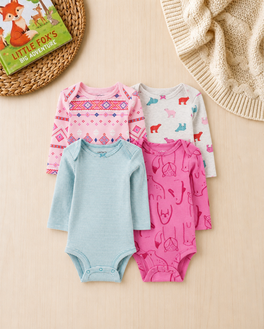 ❄️ Carter's Original Baby Girl Long-Sleeve Bodysuits – Fair Isle & Soft Prints (4-Pack)
