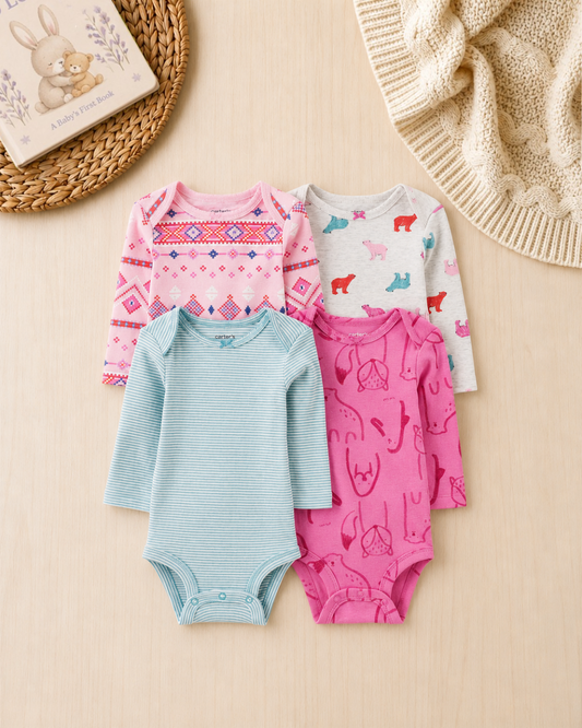 ❄️Original Carter's Baby Girl Long-Sleeve Cotton Bodysuits – Fair Isle Prints (4-Pack)