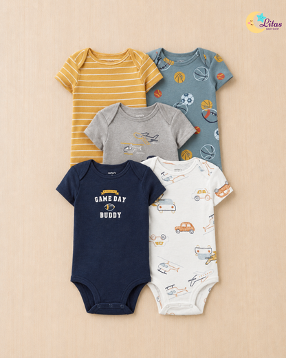 🏀Original Carter’s Baby Boy 5-Pack Short-Sleeve Bodysuits – Sports & Stripe