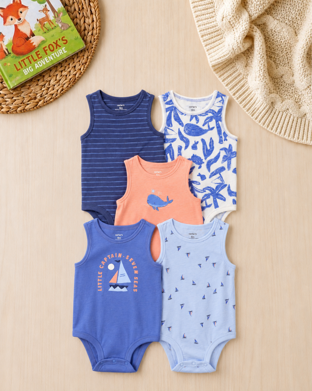 🐳 Original Carter's Baby Boy Sleeveless Bodysuits – Little Captain Sea Adventure (5-Pack)