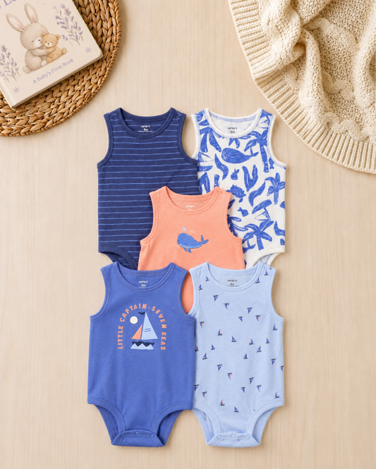 🐳Original Carter’s Baby Boy Sleeveless Bodysuits – Little Captain Sea Adventure (5-Pack)