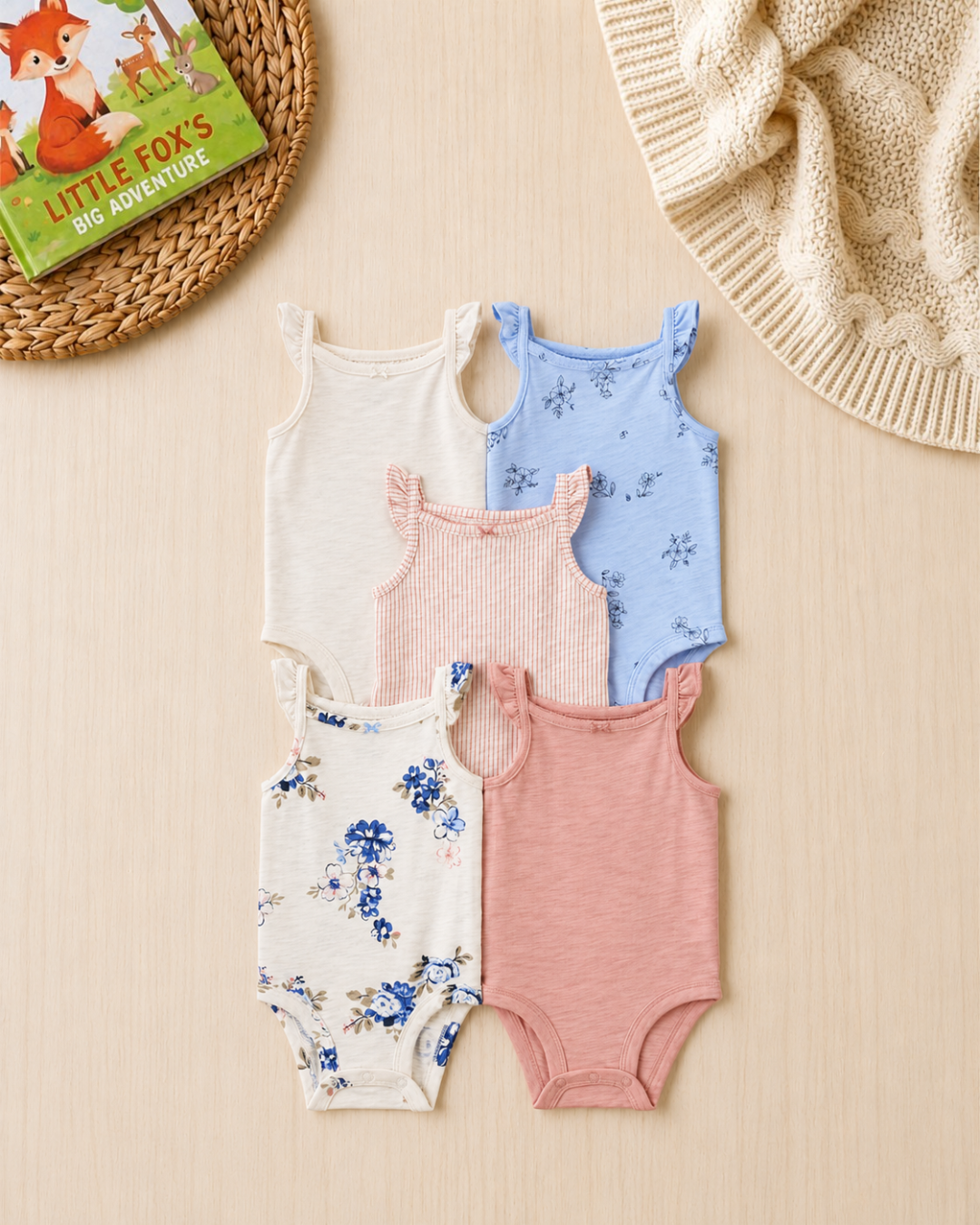 🌸 Original Carter's Baby Girl Sleeveless Bodysuits – Delicate Pastel Floral (5-Pack)