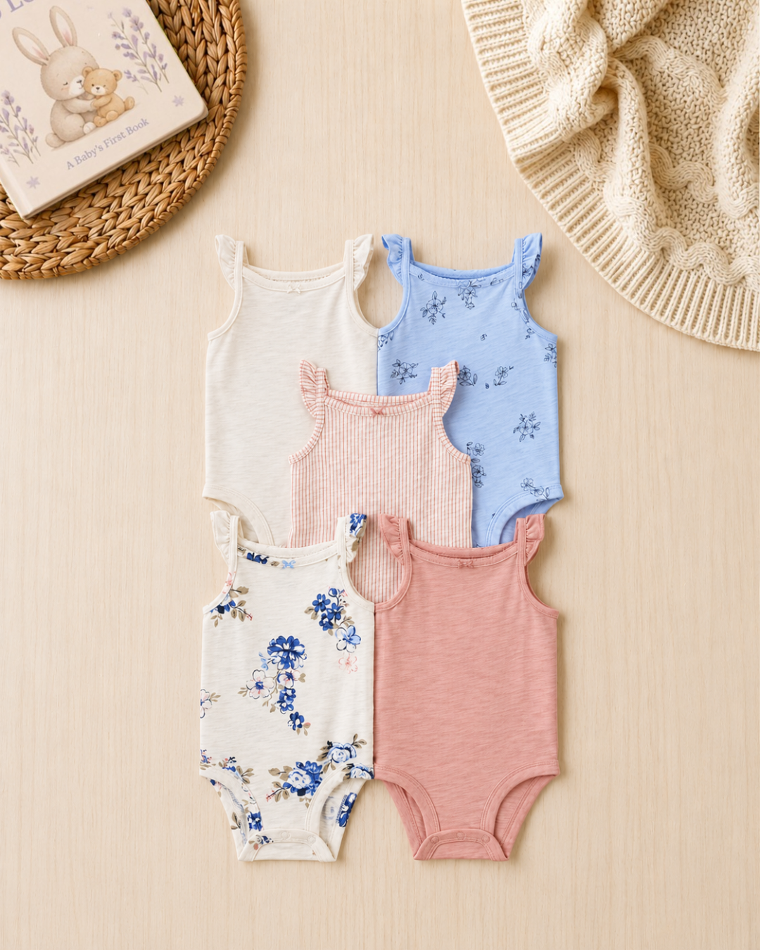 🌸Original Carter's Baby Girl Sleeveless Bodysuits – Delicate Pastel Floral (5-Pack)