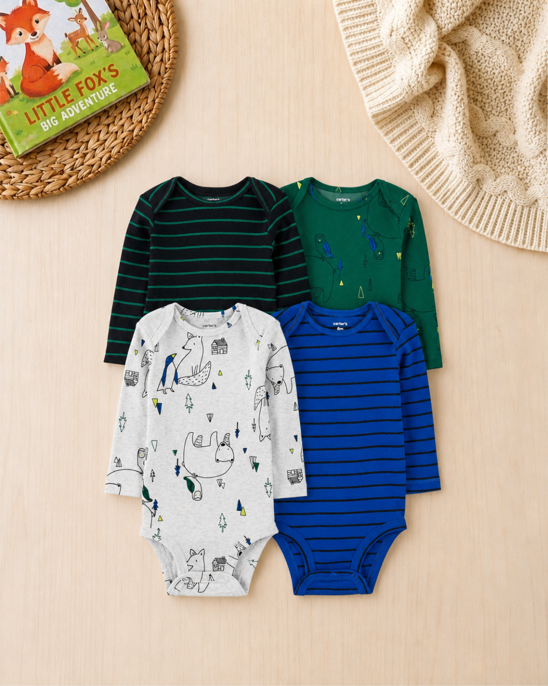 🦊 Carter’s Original Baby Boy Long-Sleeve Bodysuits – Forest Animals & Stripes (4-Pack)