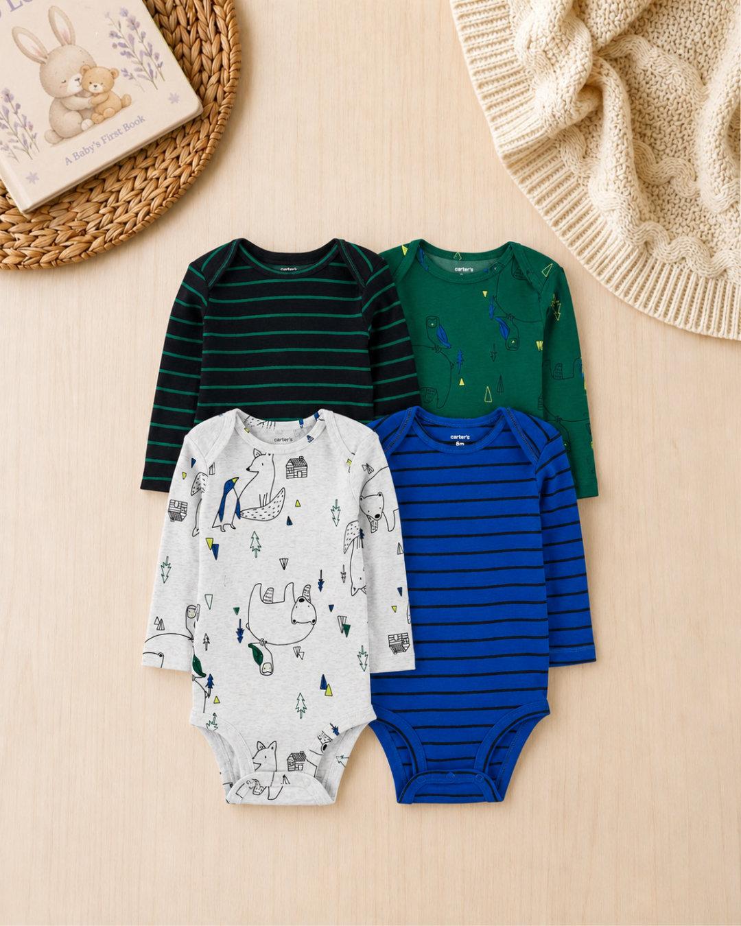 🦊Original Carter’s Baby Boy Long-Sleeve Bodysuits – Forest Animals & Stripes (4-Pack)