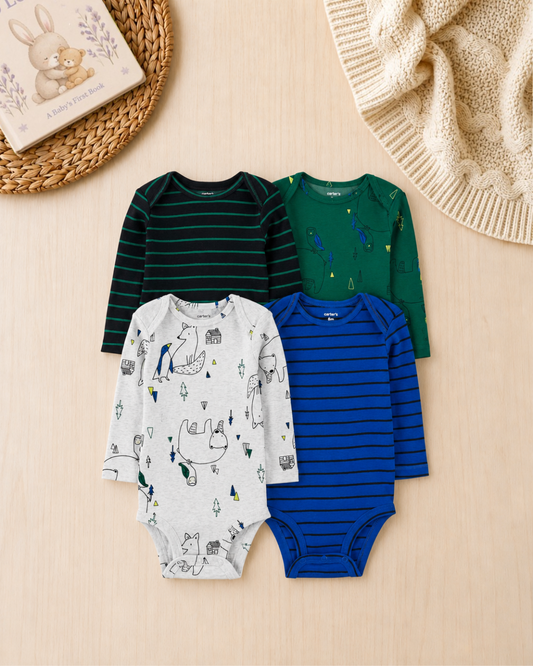 🦊Original Carter’s Baby Boy Long-Sleeve Bodysuits – Forest Animals & Stripes (4-Pack)