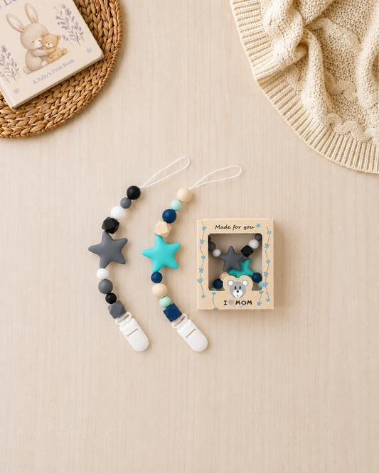 💙 Blue Star Silicone Pacifier Clip Set – 2-Pack | Neutral Baby Pacifier Holders
