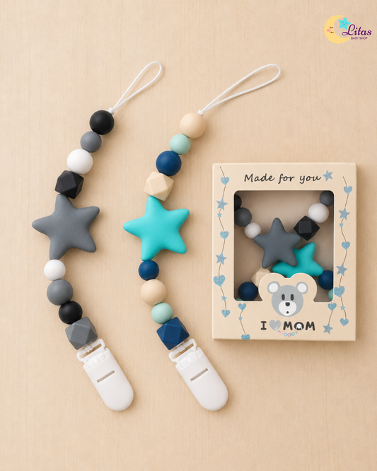⭐ 2-Pack Silicone Beaded Pacifier Clips – Gray & Turquoise Stars