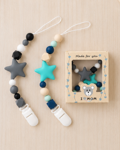 💙 Blue Star Silicone Pacifier Clip Set – 2-Pack | Neutral Baby Pacifier Holders