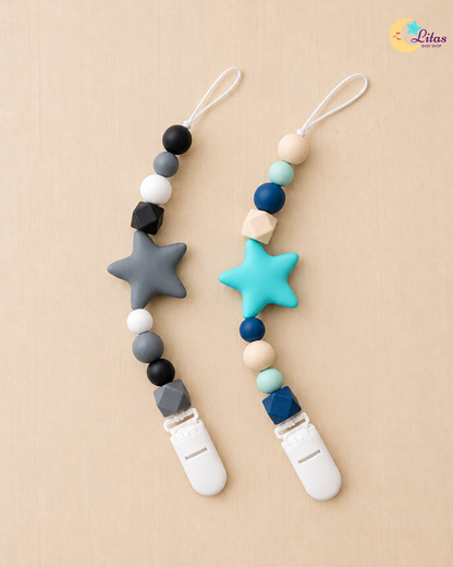 ⭐ 2-Pack Silicone Beaded Pacifier Clips – Gray & Turquoise Stars