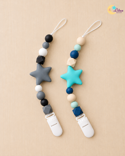 ⭐ 2-Pack Silicone Beaded Pacifier Clips – Gray & Turquoise Stars