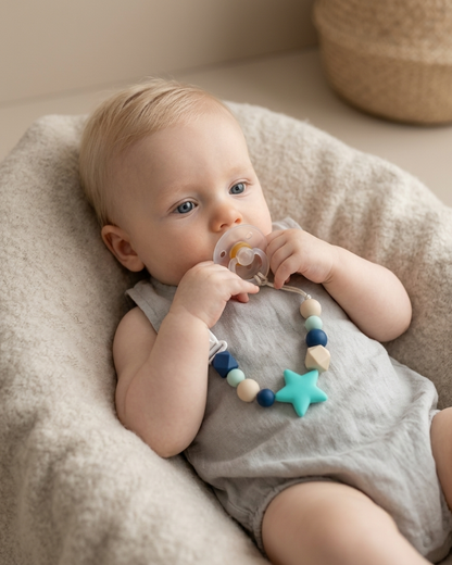 💙 Blue Star Silicone Pacifier Clip Set – 2-Pack | Neutral Baby Pacifier Holders