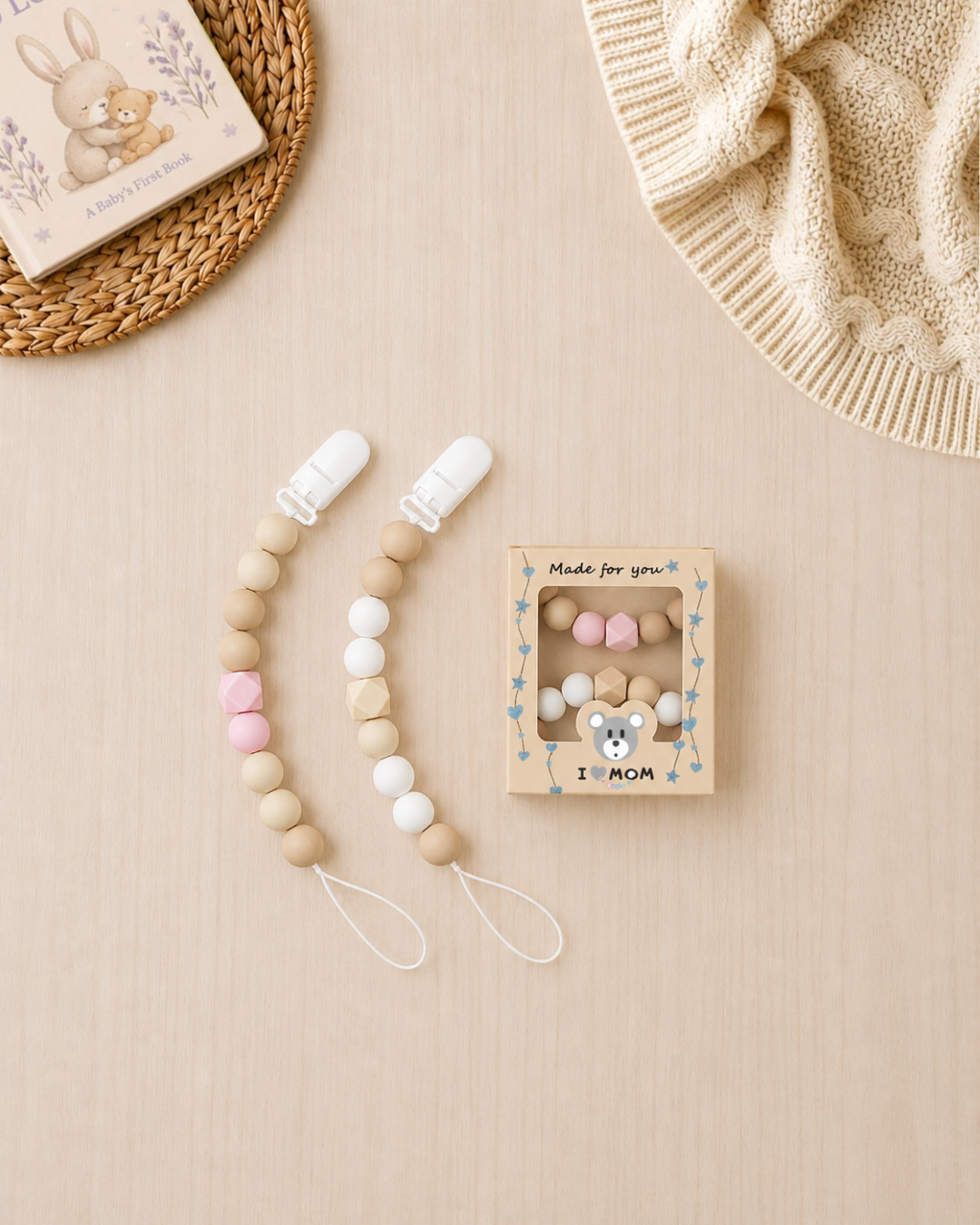 💗 Blush Blossom Silicone Pacifier Clip Set – 2-Pack | Neutral Baby Girl Pacifier Holders