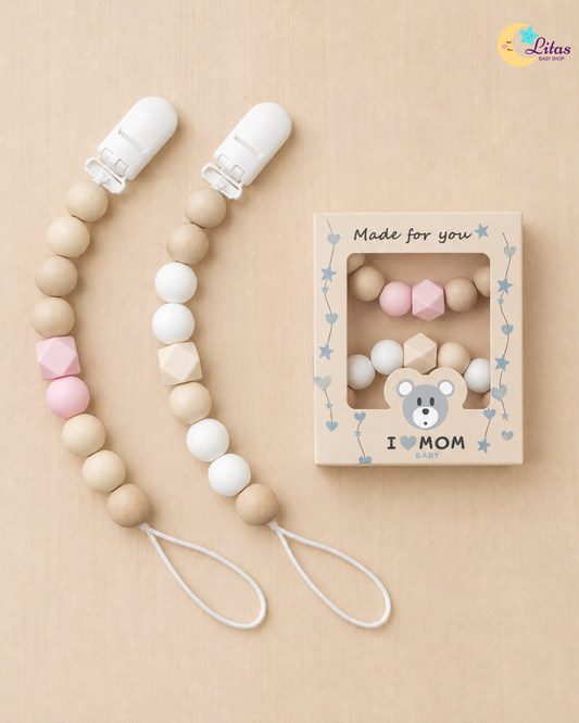 💗 2-Pack Silicone Beaded Pacifier Clips – Soft Pink & Warm Beige
