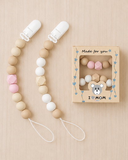 💗 Blush Blossom Silicone Pacifier Clip Set – 2-Pack | Neutral Baby Girl Pacifier Holders