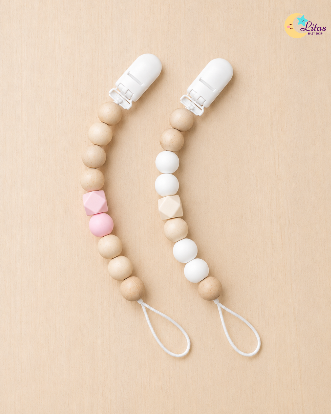 💗 2-Pack Silicone Beaded Pacifier Clips – Soft Pink & Warm Beige