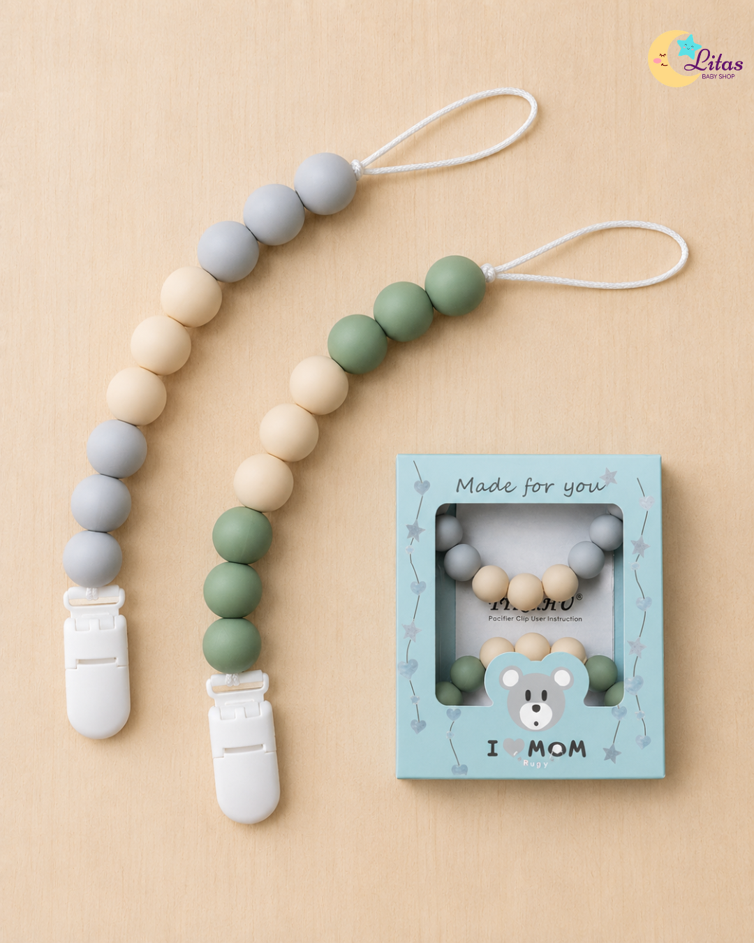 🌿 2-Pack Silicone Beaded Pacifier Clips – Sage Green, Gray & Beige Round Beads