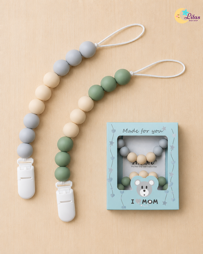🌿 2-Pack Silicone Beaded Pacifier Clips – Sage Green, Gray & Beige Round Beads