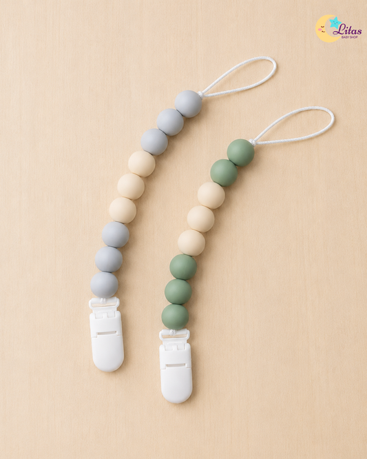 🌿 2-Pack Silicone Beaded Pacifier Clips – Sage Green, Gray & Beige Round Beads