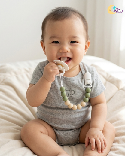 🌿 2-Pack Silicone Beaded Pacifier Clips – Sage Green, Gray & Beige Round Beads