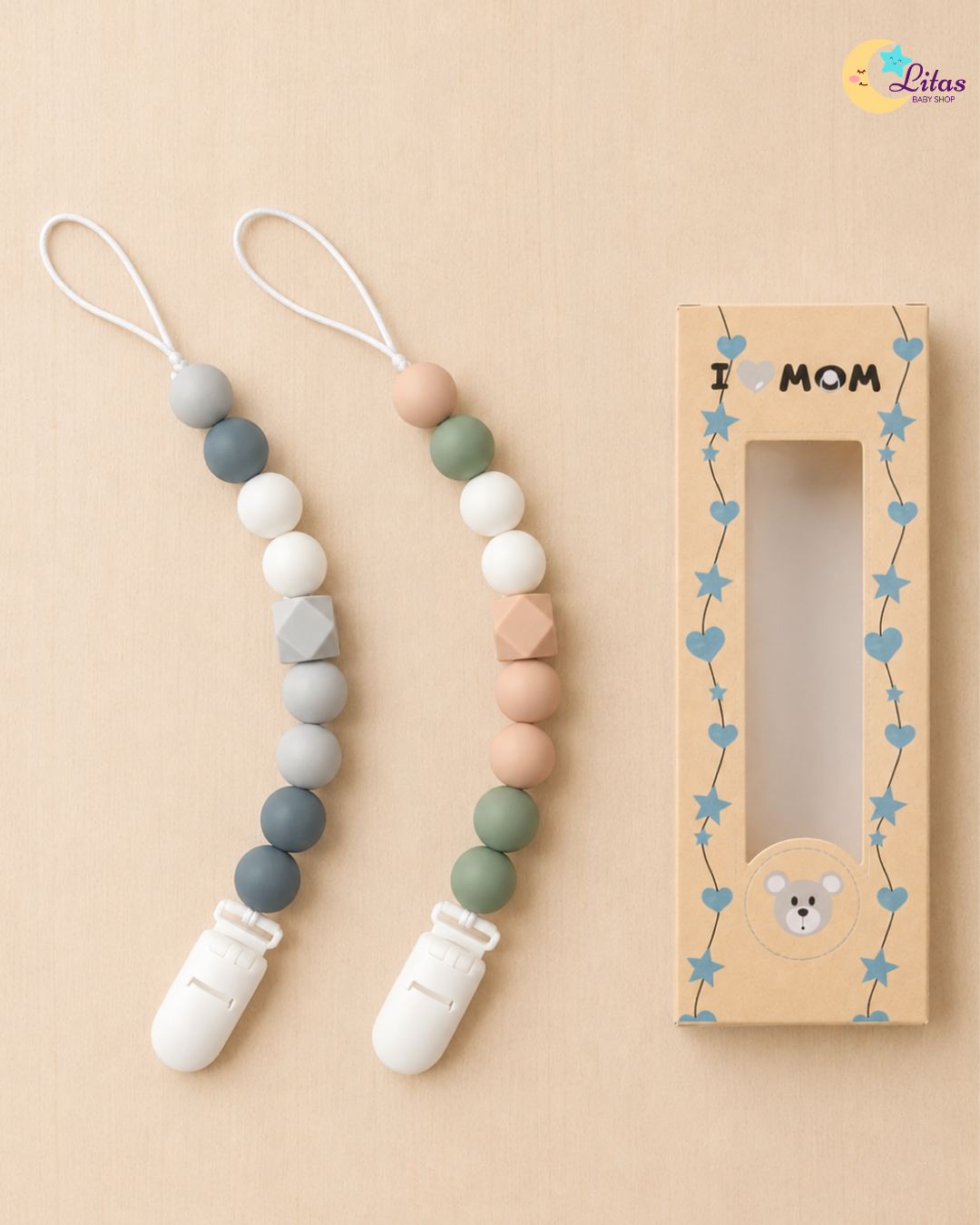 🌿 2-Pack Silicone Beaded Pacifier Clips – Sage, Dusty Rose & Neutral Tones