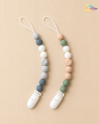 🌿 2-Pack Silicone Beaded Pacifier Clips – Sage, Dusty Rose & Neutral Tones
