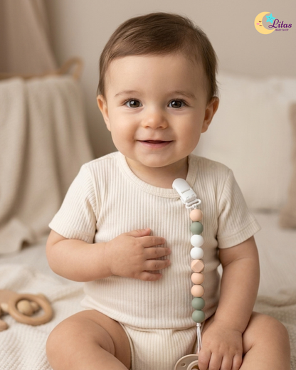 🌿 2-Pack Silicone Beaded Pacifier Clips – Sage, Dusty Rose & Neutral Tones