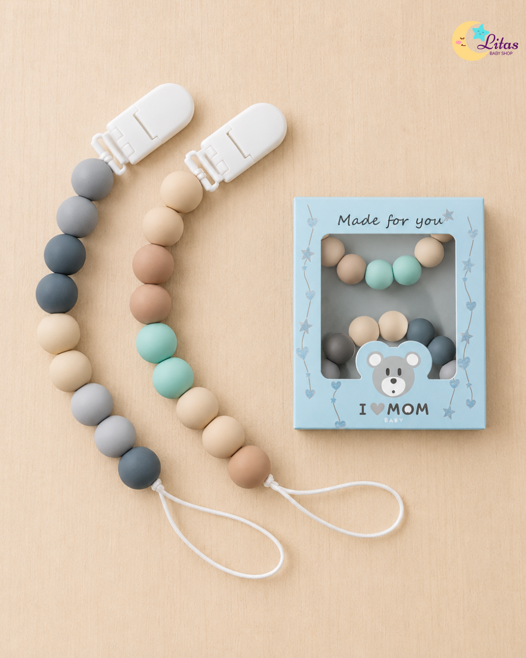 🍃 2-Pack Silicone Beaded Pacifier Clips – Mint, Slate Gray & Neutral