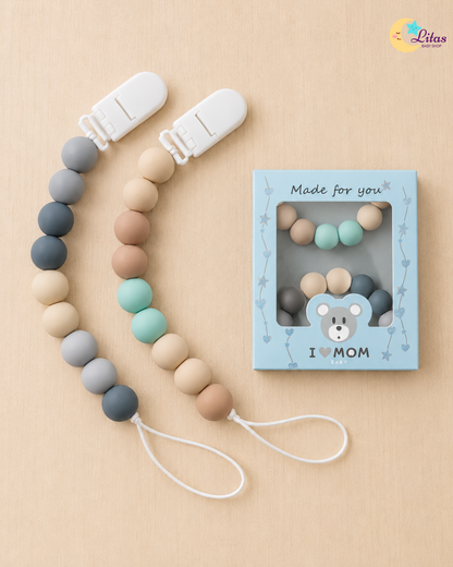 🍃 2-Pack Silicone Beaded Pacifier Clips – Mint, Slate Gray & Neutral