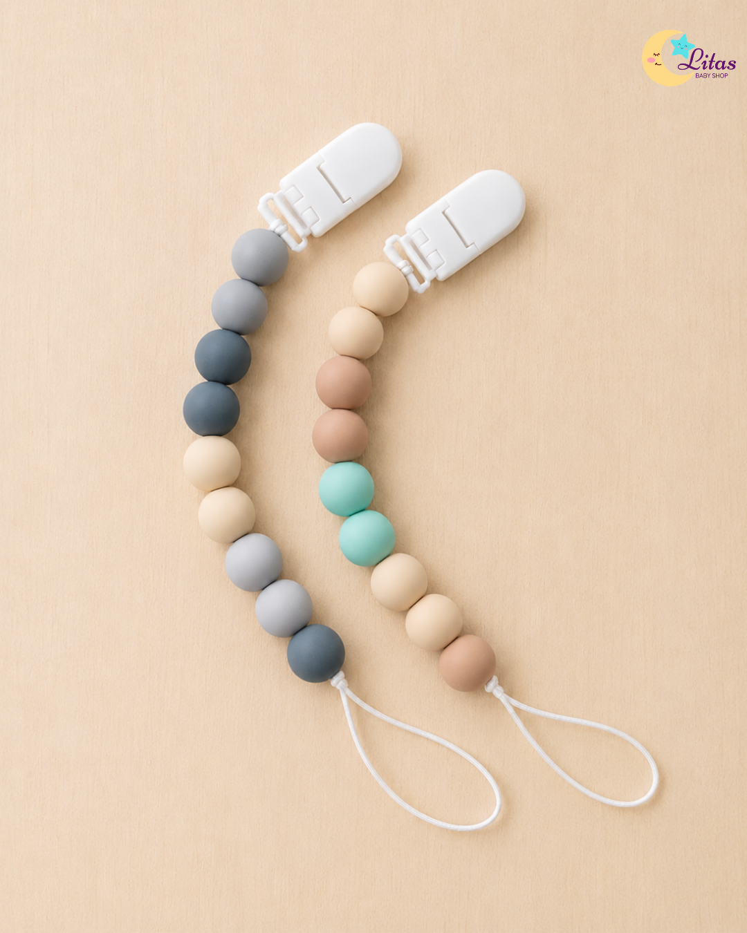 🍃 2-Pack Silicone Beaded Pacifier Clips – Mint, Slate Gray & Neutral