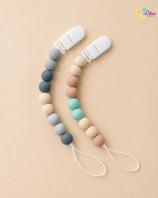 🍃 2-Pack Silicone Beaded Pacifier Clips – Mint, Slate Gray & Neutral