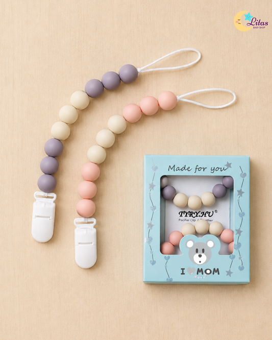 🪻 2-Pack Silicone Beaded Pacifier Clips – Muted Purple, Peach & Cream