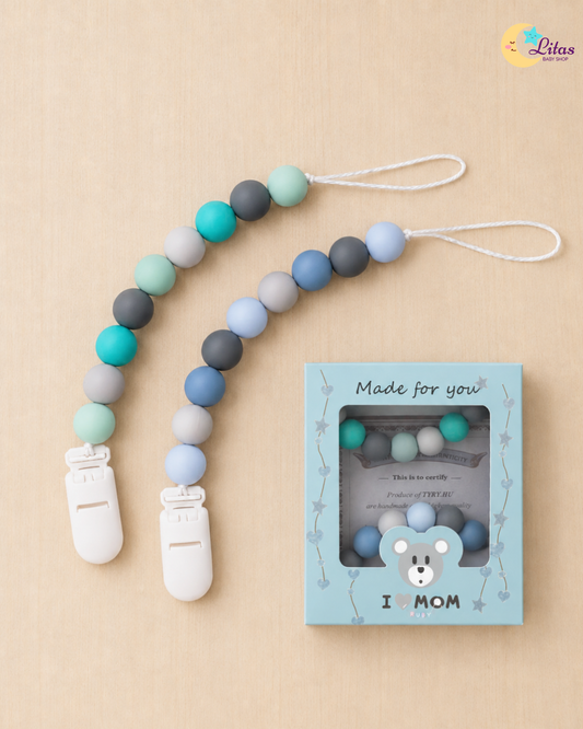🌊 2-Pack Silicone Beaded Pacifier Clips – Ocean Blue, Turquoise & Gray