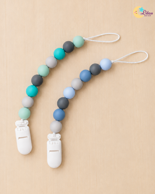 🌊 2-Pack Silicone Beaded Pacifier Clips – Ocean Blue, Turquoise & Gray