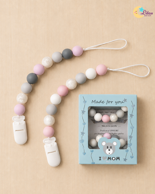 🌷 2-Pack Silicone Beaded Pacifier Clips – Blush Pink, Mauve & Gray