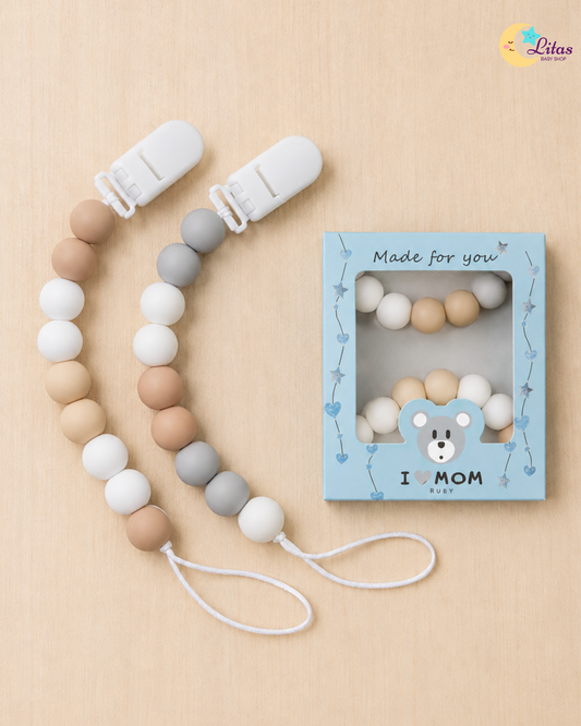 🤎 2-Pack Silicone Beaded Pacifier Clips – Warm Beige, Slate Gray & White