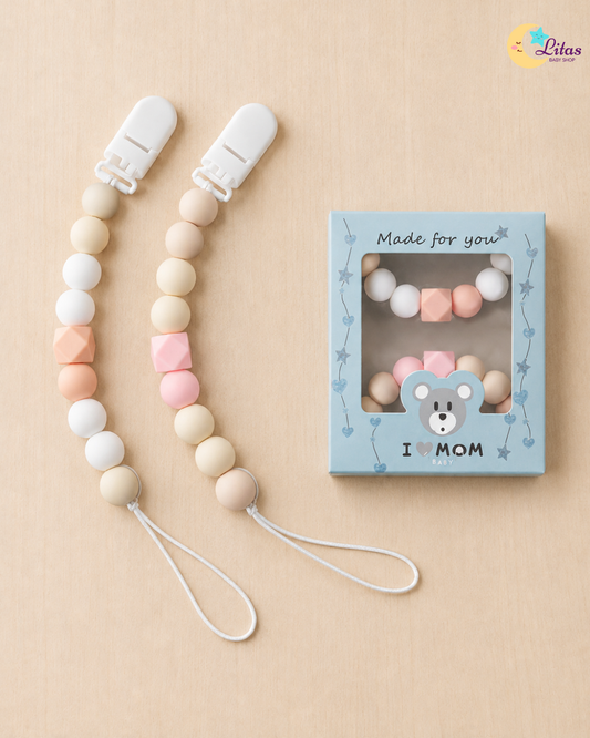🌸 2-Pack Silicone Beaded Pacifier Clips – Soft Pink, Peach & Warm Cream