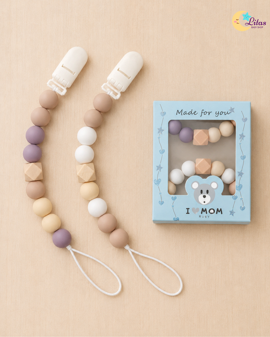 💜2-Pack Silicone Beaded Pacifier Clips – Muted Purple, Tan & Cream